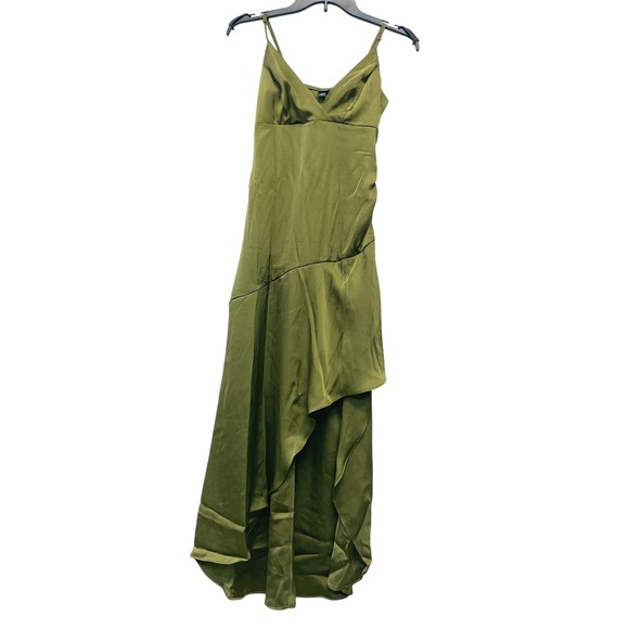 Wild Fable Olive Green Satin Slip Asymmetrical Ruffle Midi Dress Size L - Picture 2 of 6